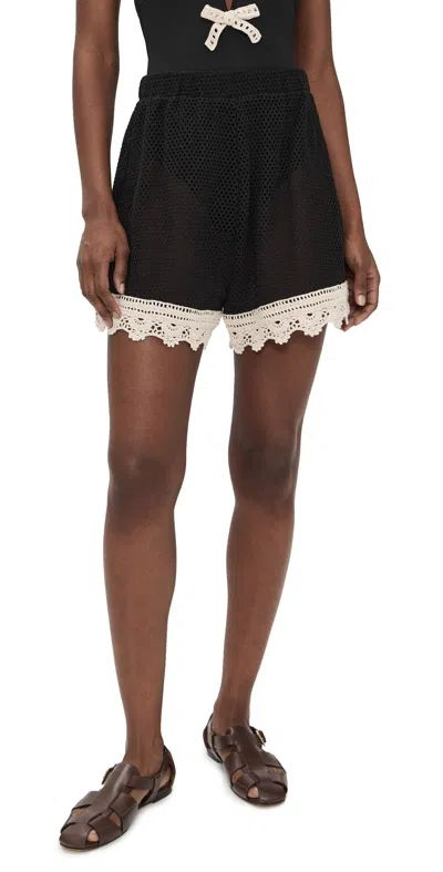 Sea Kendall Crochet-trimmed Open-knit Cotton Shorts In Black
