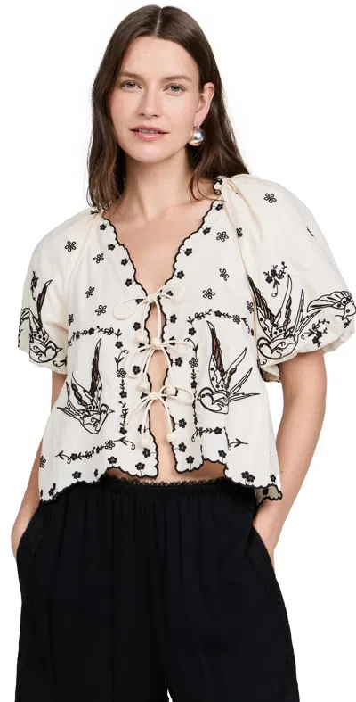Sea Kingsley Embroidery Tie Front Top Cream