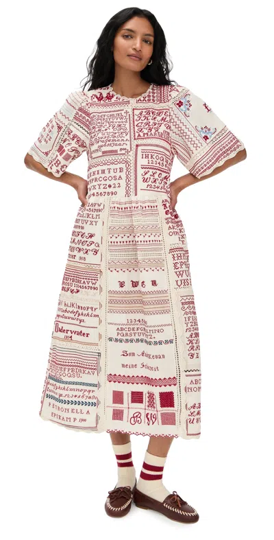 Sea Kit Scalloped Crochet-trimmed Embroidered Cotton And Linen-blend Midi Dress In Multi