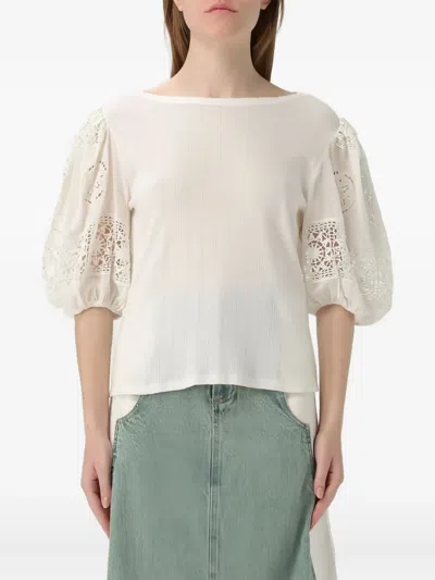 Sea Lace-trimmed Puff-sleeve Top In White