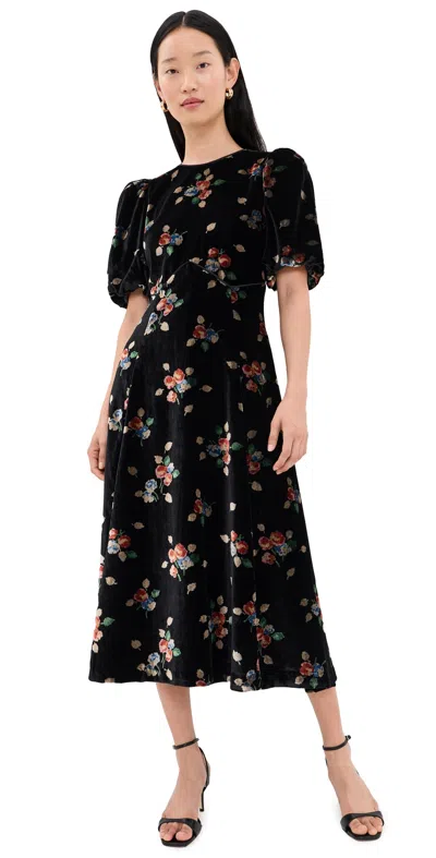 Sea Leda Floral-patterned Velvet Midi Dress In Black