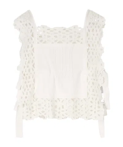 Sea Leila Bow-embellished Broderie Anglaise-trimmed Cotton Top In White