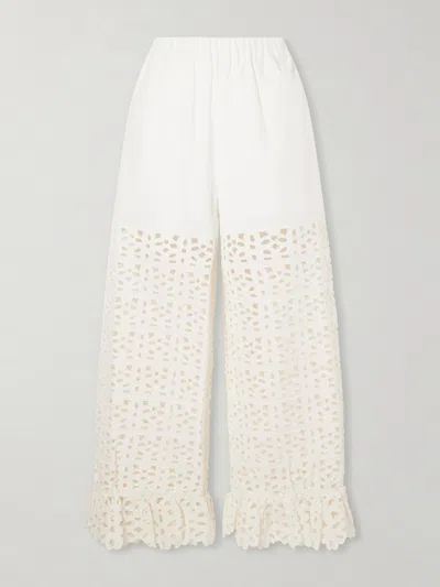 Sea Leila Broderie Anglaise-trimmed Cotton And Linen-blend Wide-leg Pants In White