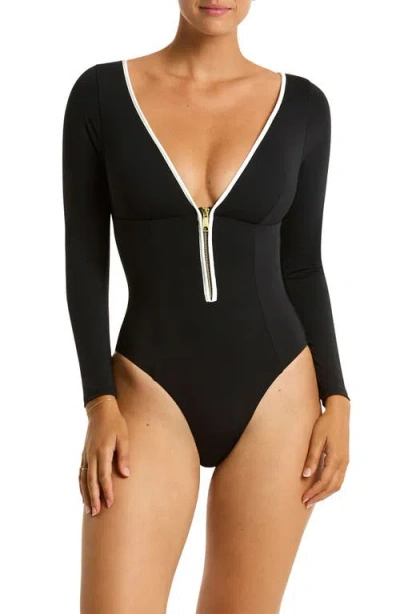 Sea Level Babylon Long Sleeve One-piece Rashguard Swimsuit In Black