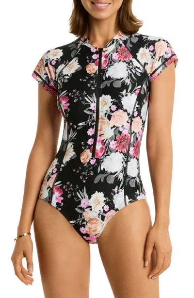 Sea Level Belle Short Sleeve Zip One-piece Swimsuit In Black