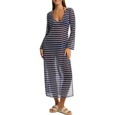 Sea Level Biarritz Long Sleeve Multifit Mesh Cover-up Dress In French Navy