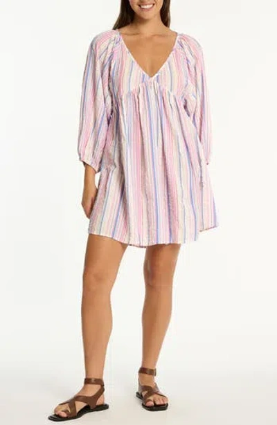 Sea Level Boho Stripe Long Sleeve Cover-up Dress In Blue