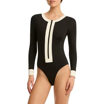 Sea Level Border Long Sleeve One-piece Rashguard Swimsuit In Black