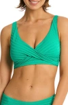 Sea Level Capri Stripe Multifit Cross Front Bikini Top In Evergreen