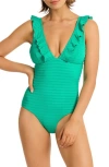 Sea Level Capri Stripe Ruffle One-piece Swimsuit In Evergreen