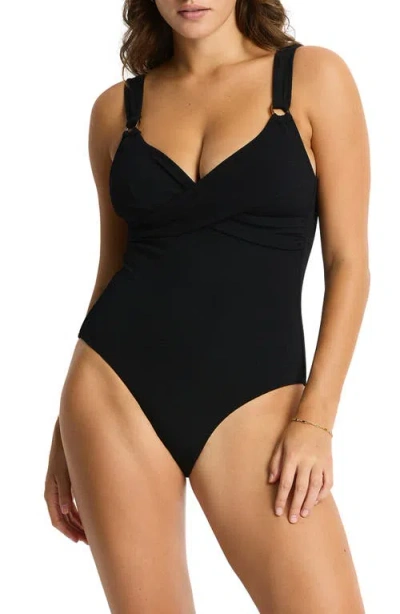 Sea Level Cross Front One-piece Swimsuit In Black