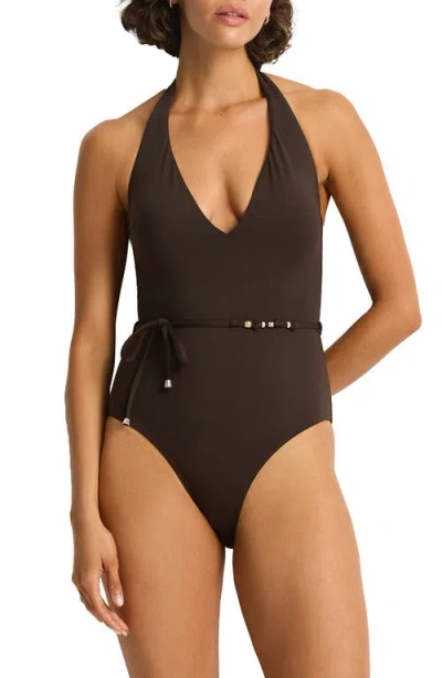 Sea Level De Luxe V-neck Halter One-piece Swimsuit In Brown