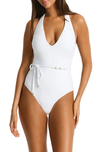 Sea Level De Luxe V-neck Halter One-piece Swimsuit In White