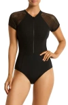 Sea Level Drift Short Sleeve Front Zip One-piece Swimsuit In Black