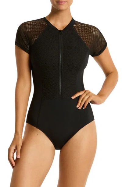 Sea Level Drift Short Sleeve Front Zip One-piece Swimsuit In Black