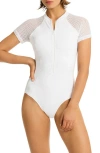 Sea Level Drift Short Sleeve Front Zip One-piece Swimsuit In White