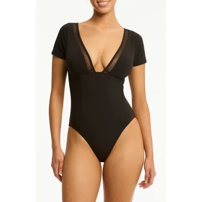 Sea Level Eclipse Short Sleeve One-piece Swimsuit In Black