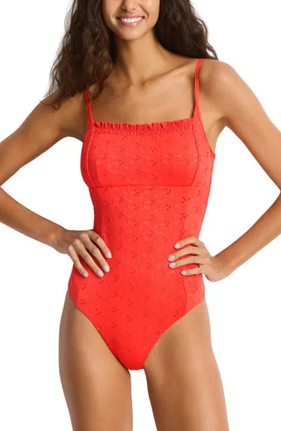 Sea Level Frill Square Neck Eyelet One-piece Swimsuit In Orange