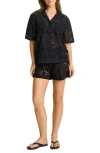 Sea Level Ibiza Cotton Eyelet Cover-up Bowling Shirt In Black