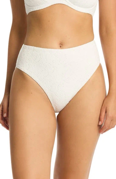 Sea Level Interlace Retro High Waist Bikini Bottoms In White