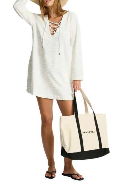 Sea Level Jacquard Stripe Long Sleeve Lace-up Cotton Terry Cover-up Minidress In White