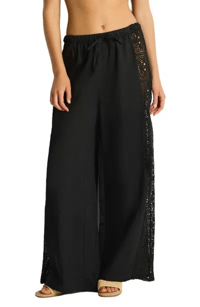 Sea Level Lace Panel High Waist Wide Leg Beach Pants In Black