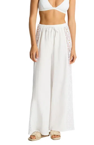 Sea Level Lace Panel High Waist Wide Leg Beach Pants In White