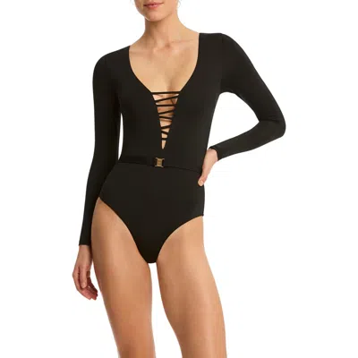 Sea Level Lattice Long Sleeve One-piece Rashguard Swimsuit In Black