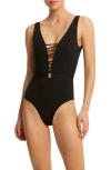 Sea Level Lattice One-piece Swimsuit In Black