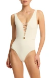 Sea Level Lattice One-piece Swimsuit In Coconut
