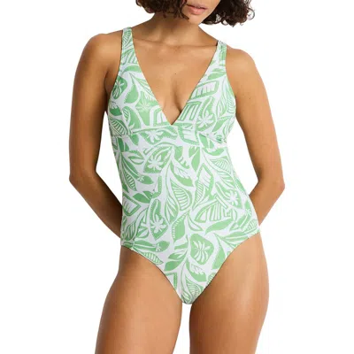 Sea Level Leaf Print One-piece Swimsuit In Green