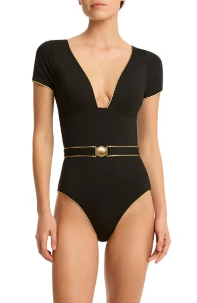 Sea Level Piper Belted Short Sleeve One-piece Swimsuit In Black