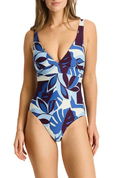 Sea Level Rumba Longline Tie Back A- To Dd-cup One-piece Swimsuit In Blue