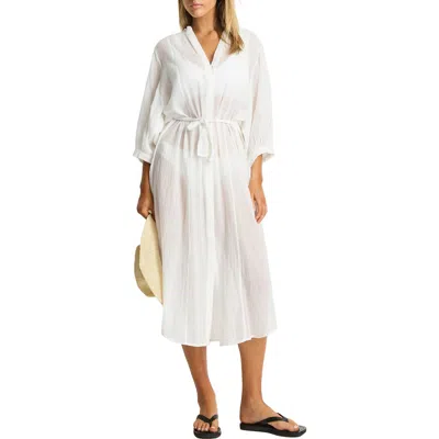 Sea Level Salt Boho Semisheer Cotton Cover-up Shirtdress In Multi