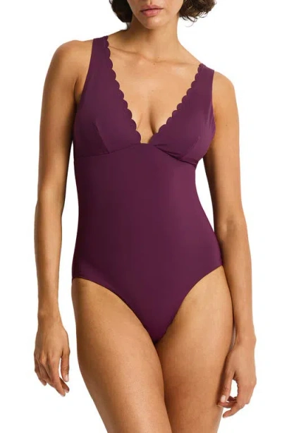 Sea Level Scalloped Plunge One-piece Swimsuit In Burgundy