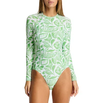 Sea Level Seamed Long Sleeve Upf 50+ One-piece Rashguard Swimsuit In Green