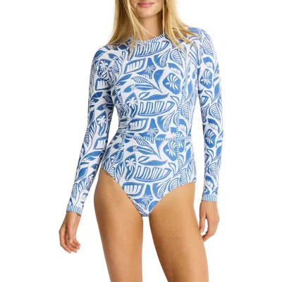 Sea Level Seamed Long Sleeve Upf 50+ One-piece Rashguard Swimsuit In Blue