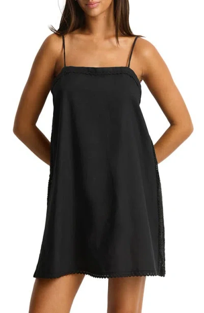 Sea Level Shore Linen Panelled Cover-up Dress In Black