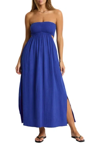 Sea Level Smocked Bodice Cotton Seersucker Cover-up Dress In Blue