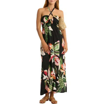 Sea Level Sundown Halter Bandeau Cover-up Dress In Black