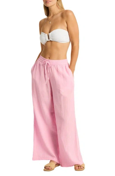 Sea Level Sunset Beach High Waist Cotton Gauze Cover-up Pants In Pink