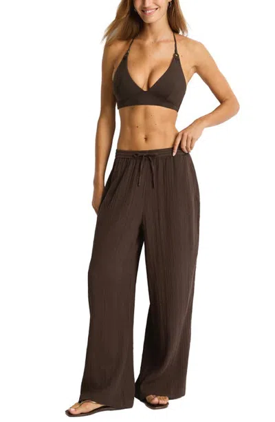 Sea Level Sunset Beach High Waist Cotton Gauze Cover-up Pants In Brown