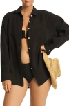 Sea Level Sunset Beach Oversize Cotton Cover-up Shirt In Black