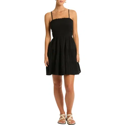 Sea Level Sunset Smocked Tiered Cover-up Minidress In Black