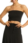 Sea Level Sunset Strapless Cotton Gauze Cover-up Top In Black