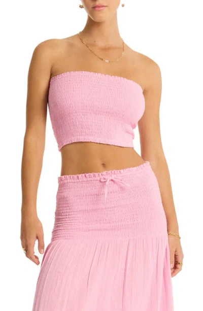 Sea Level Sunset Strapless Cotton Gauze Cover-up Top In Pink