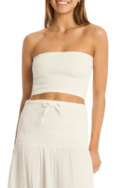 Sea Level Sunset Strapless Cotton Gauze Cover-up Top In White