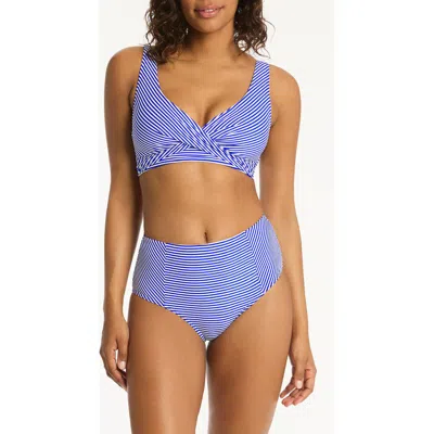Sea Level Varsity Paneled High Waist Bikini Bottoms In Blue