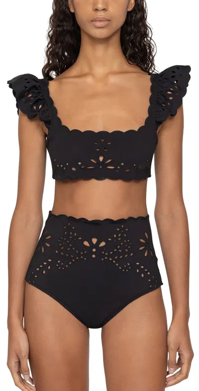 Sea Liat Embroidery Flutter Sleeve Bikini Top Black
