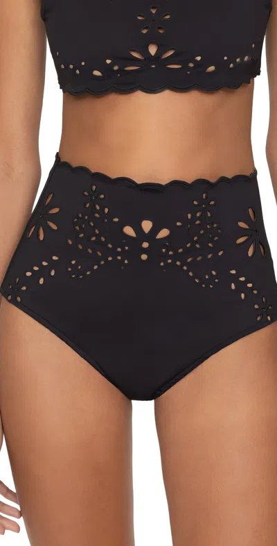 Sea Liat Embroidery High Waisted Bikini Bottoms Black
